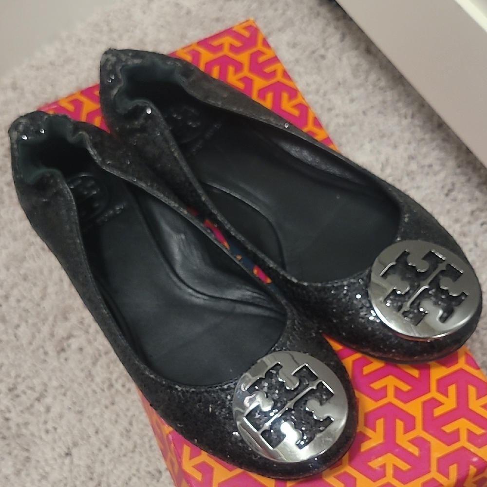 Tory Burch Reva Glitter Black Flats with Silver Logo